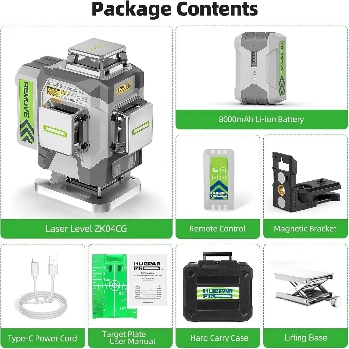 Huepar ZK04CG-L 4D Cross Laser Level ±2mm/10m Accuracy Self-leveling Green Laser Tools & Remote Control & 8000mAh Li-ion Battery - QUORE