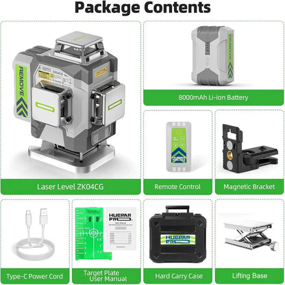 Huepar ZK04CG-L 4D Cross Laser Level ±2mm/10m Accuracy Self-leveling Green Laser Tools & Remote Control & 8000mAh Li-ion Battery - QUORE
