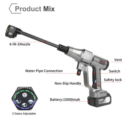 Hogedrukreiniger - Hogedruk Auto-Wasser - Hogedrukspuit - Draadloze - 3500W - 18V - 200Bar - 6-in-1 Mondstuk - 2 Accu - Zwart