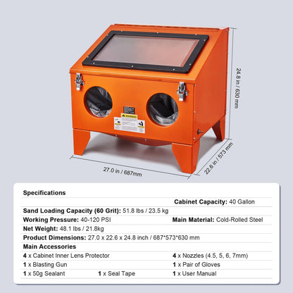Sandstraalcabine – Zandstraalkast – Zandstraalcabine – Zandstraalinstallatie – Zandstraalwerkstation – 40 Gallon – Koudgewalst Staal - QUORE