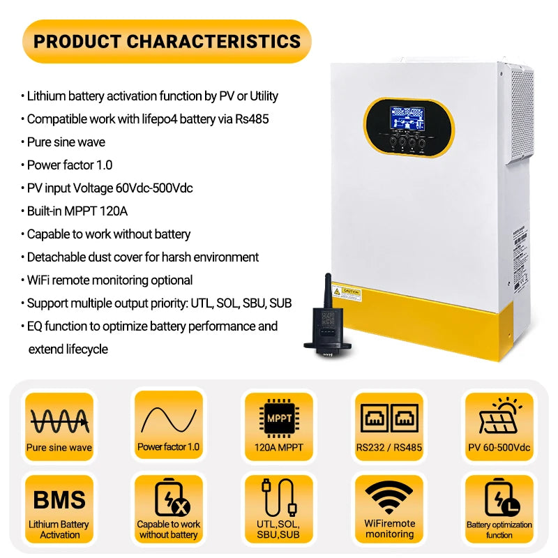 Hybride Zonne-Energie Omvormer – Solar Omvormer – PV Omvormer – Zonnepaneel Omvormer – Netgekoppelde Omvormer – 6,2 kW / 11 kW vermogen – WiFi en RS232 Communicatie