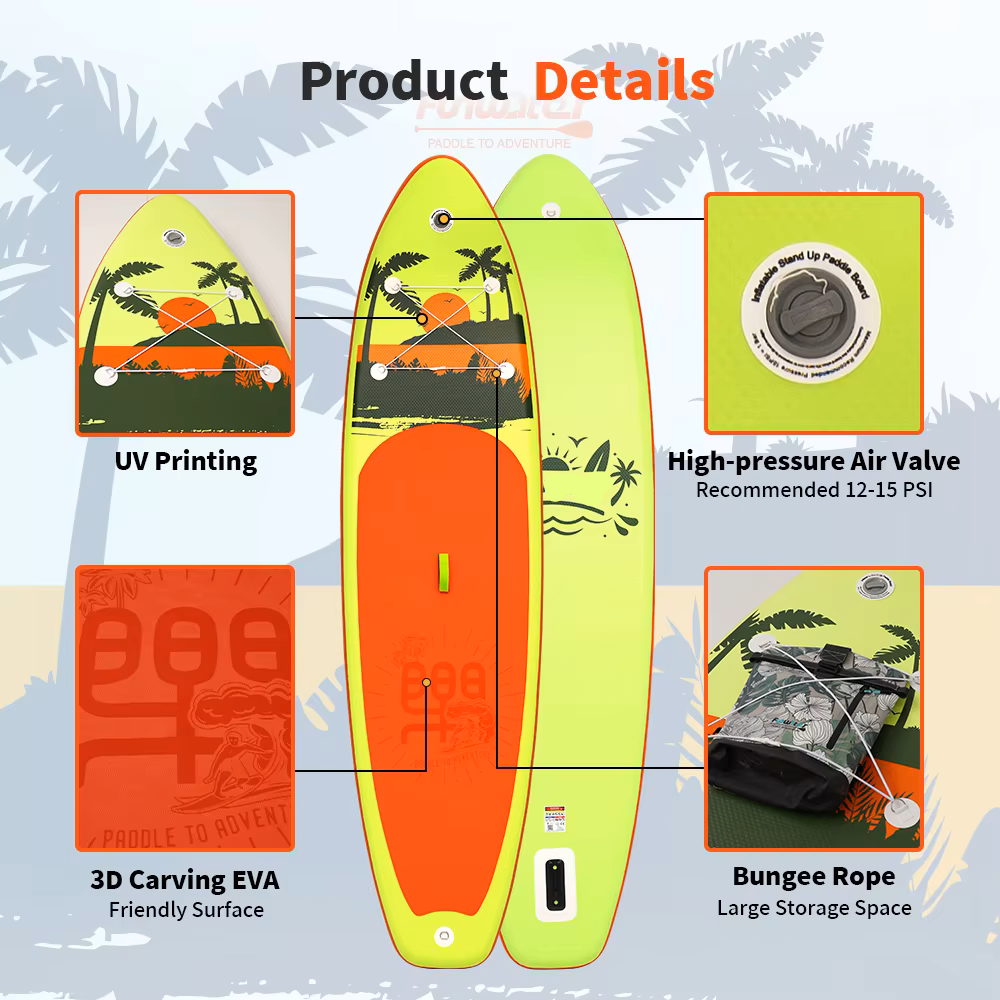 Supboard - Paddle Board - Peddelplank - Surfplank - Opblaasbaar - Inc. Peddel - Vin - Leash - Riem - Handpomp - Rugzak - 335 x 84 x 15 cm - Geel-groen & Oranje