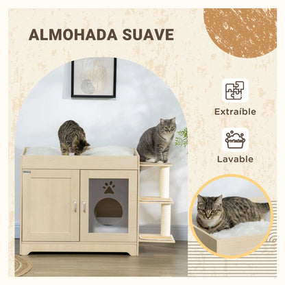 Kattenbakhuisje – Kattenbak Kast – Kattenhuis – Kattenmeubel – Kattenbak Omsluiting – Luxe Pluche Bekleding – Afmetingen 107x54x70 cm - Eik