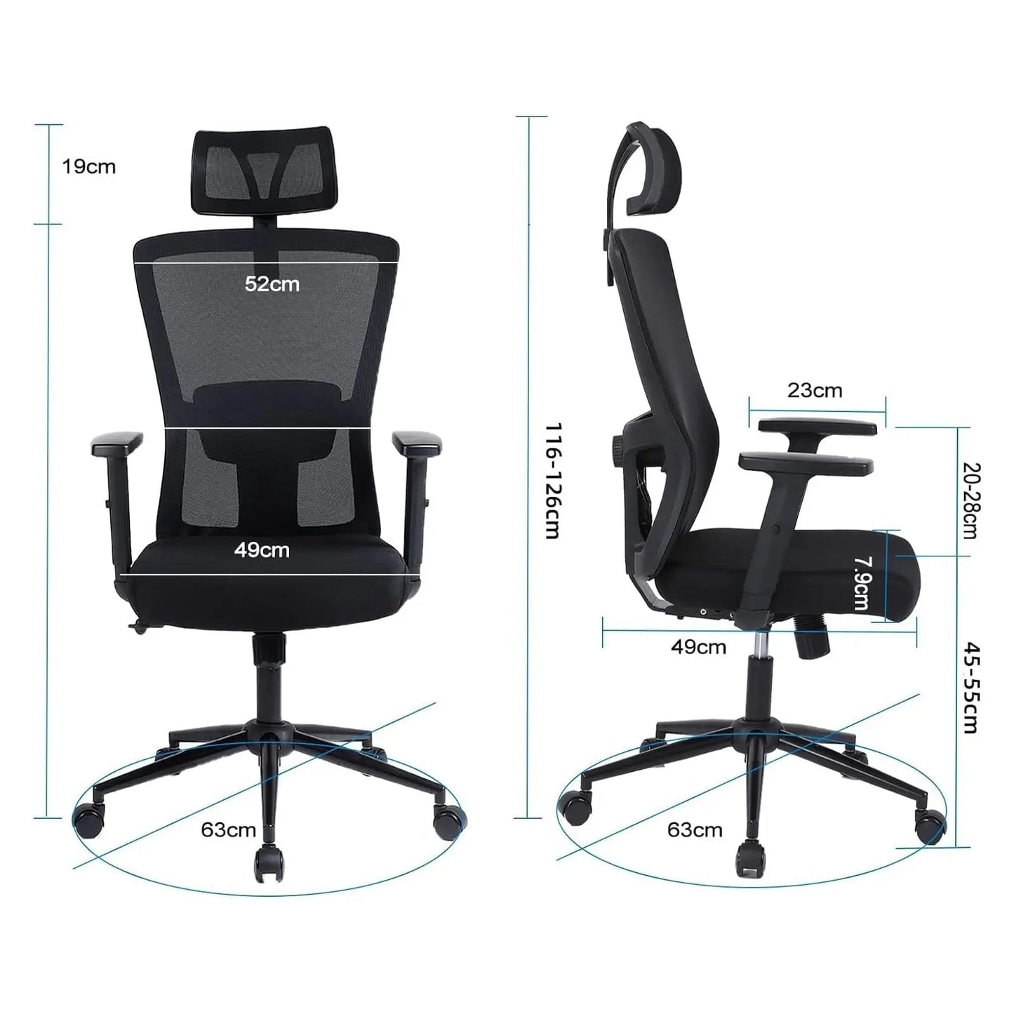 Bureaustoel – Ergonomische Stoel – Office Chair – Draaistoel – Bureau Stoel – Verstelbare Hoofdsteun – Verstelbare Armleuningen – Ademend Mesh – Hoogte Verstelbaar