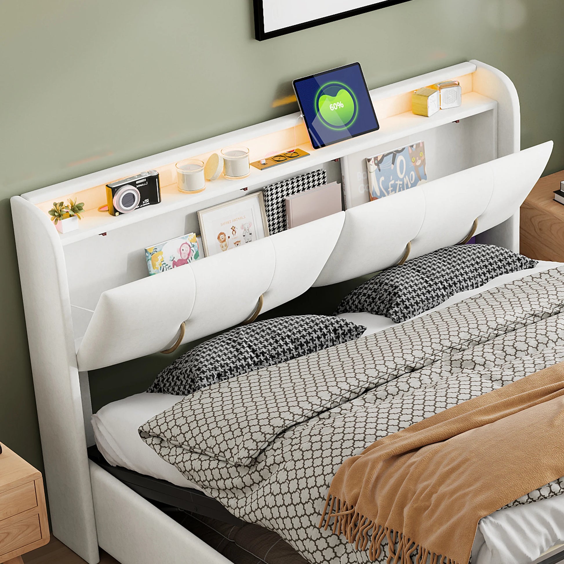 Bedframe – Tweepersoonsbed – Gestoffeerd Bed – Opbergbed – Boxspringframe – Velvet Stof – Verstelbare LED-verlichting en USB-poorten – Hydraulische Opbergruimte 140x200 cm - QUORE