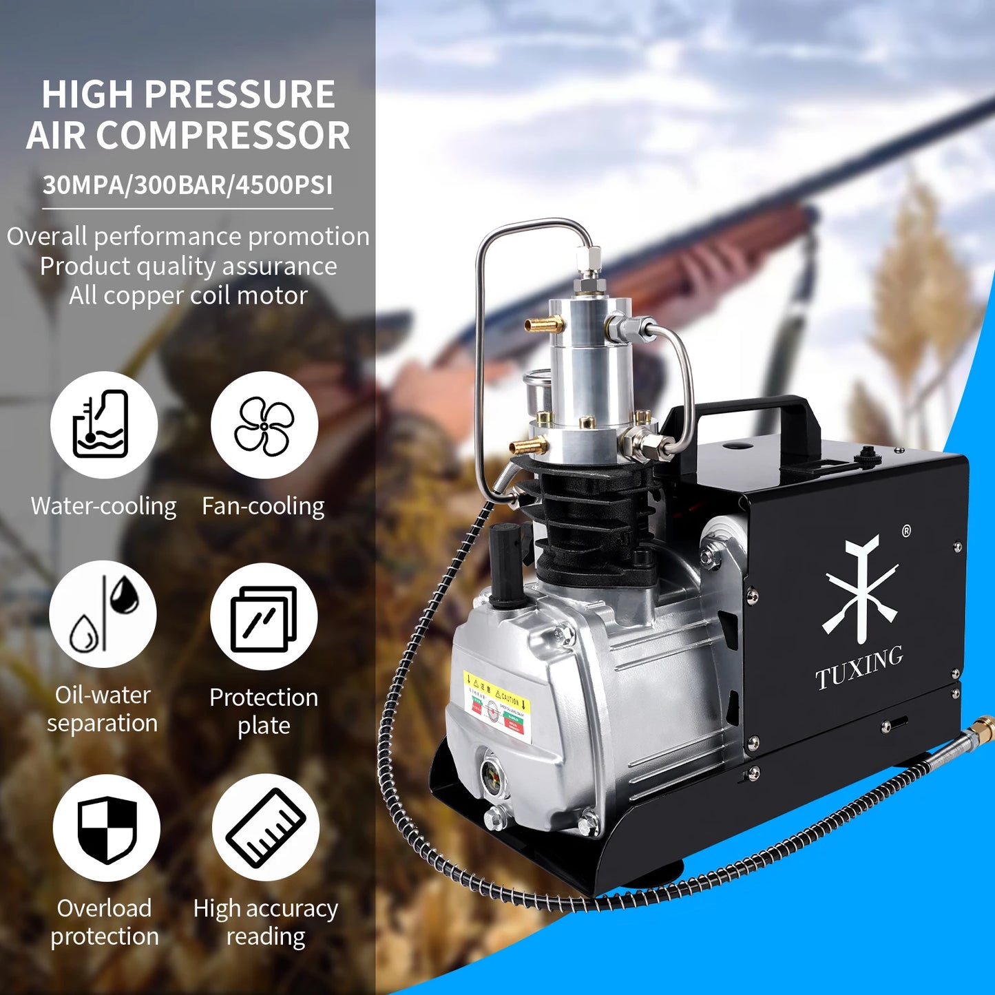 TUXING 4500Psi High Pressure PCP Air Compressor Electric Built-in Fan Compressor with Explosion-proof for Diving Scuba Airgun