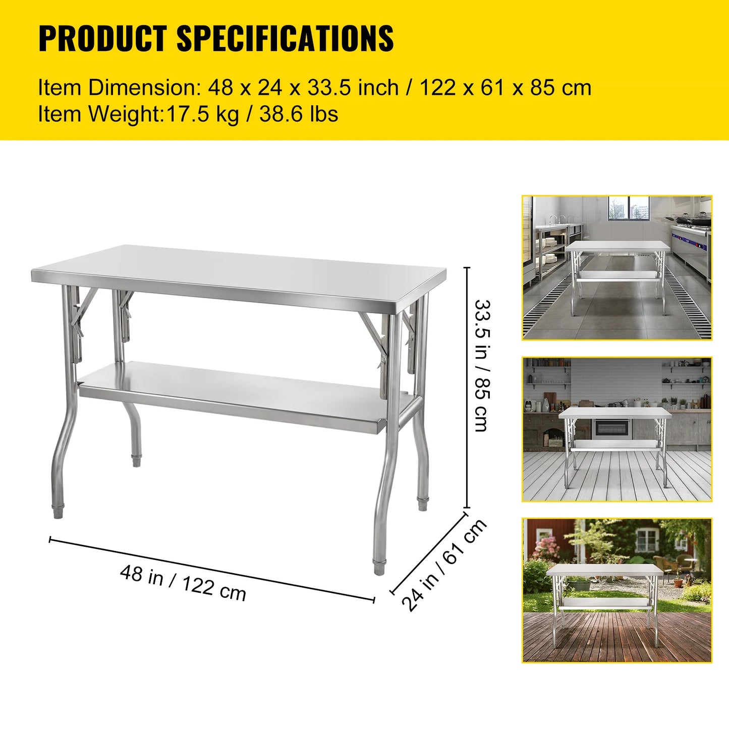 SucceBuy Single/Double-Shelf Professional Stainless Steel Open Kitchen Folding Work Prep Tables Easy Storage for Home Commercial