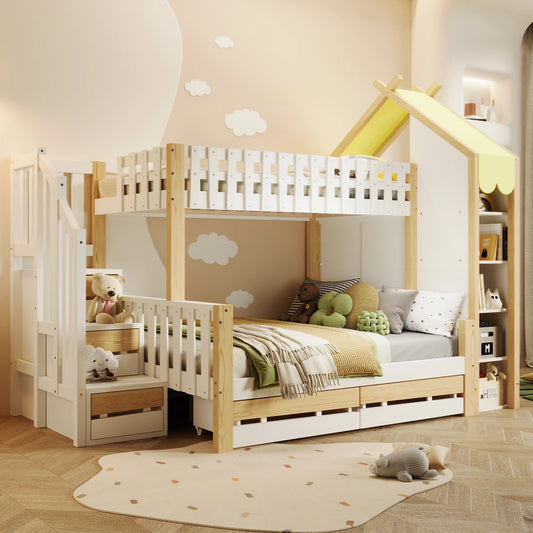 Hoogslaper – Stapelbed – Kinderbed – Mezzaninebed – Zolderbed – Tweepersoonsbed 90x200 & 140x200 cm – Massief Houten Frame – Met Ladder & 2 Opberglades – Zonder Matras