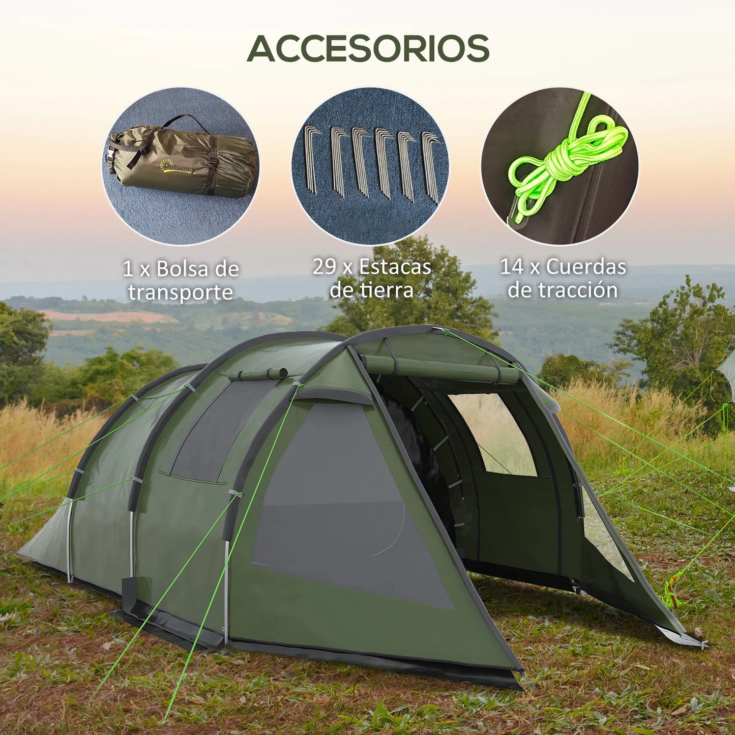 Tunnel Tent - 3 tot 4 Personen - Waterdicht & UV-bestendig - Grote Ruimte - Ventilatieramen - Outdoor Kampeertent - 475x264x172 cm - Groen - QUORE