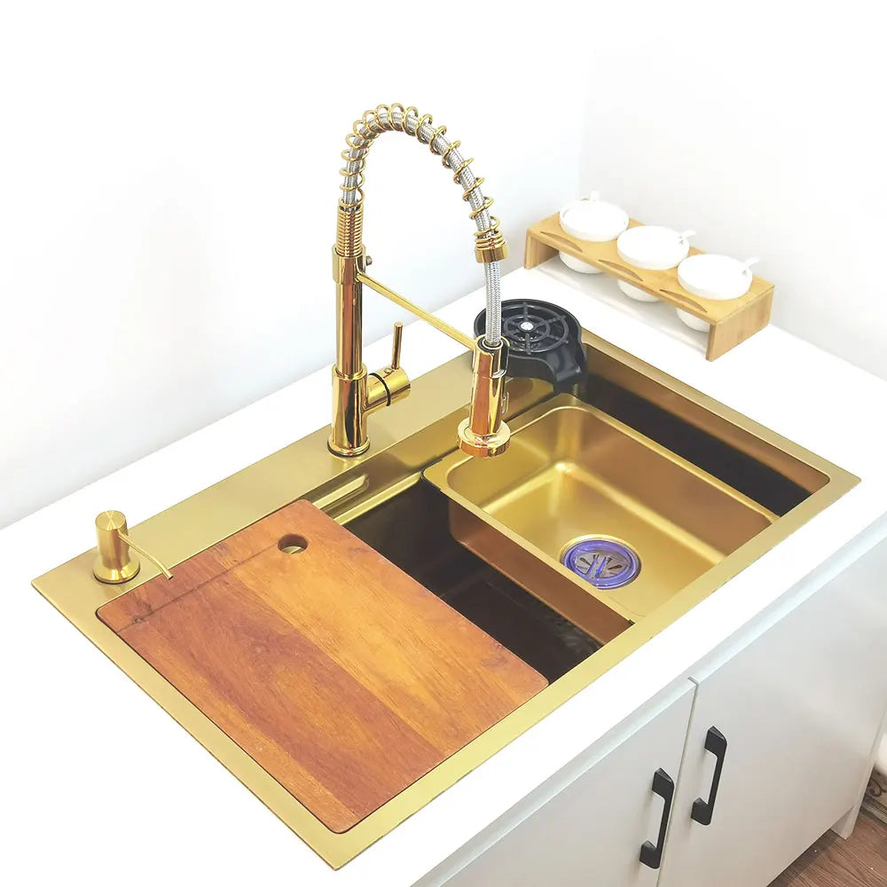 gold Waterfall faucet kichen sink Nano sink 304 Stainless Steel Golden Topmount Single Bowl Wash Basin 4 function kitchen faucet