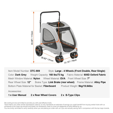 Stroller - Dog Carriage - Dog Stroller - Foldable Dog Stroller - Dog Cart - 160 lbs - 4 Wheels - with Rotating Wheels - with Brakes and Height Adjustable - Medium Large Dogs - Gray