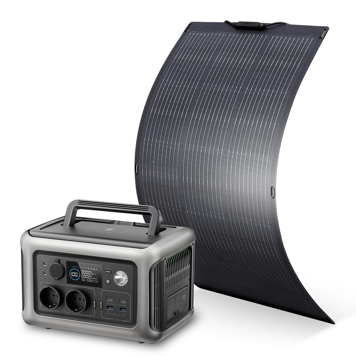 Powerstation - Stroomgenerator - Mini-Generator - Draagbare - Krachtcentrale - met 100W - Flexibele Zonnepaneel - AC Stopcontacten - LiFePO4 Batterij - voor Thuis - Tenten - Buiten - Kamperen - 299Wh - 600W - Zwart