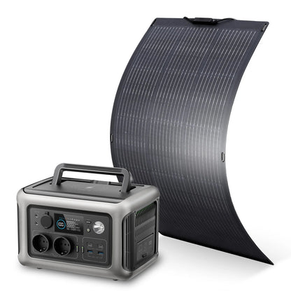 Powerstation - Stroomgenerator - Mini-Generator - Draagbare - Krachtcentrale - met 100W - Flexibele Zonnepaneel - AC Stopcontacten - LiFePO4 Batterij - voor Thuis - Tenten - Buiten - Kamperen - 299Wh - 600W - Zwart