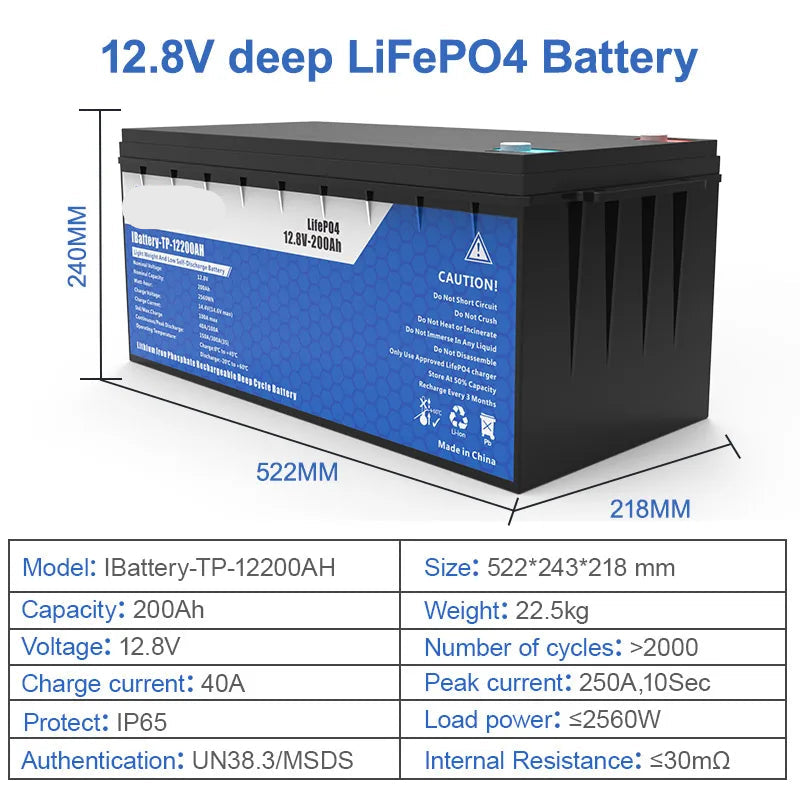 12V 200Ah LiFePO4 Accu – Lithium Accu – Batterij – Stroomvoorziening – Energieopslag – Lichtgewicht – 2000+ Cyclus Levensduur