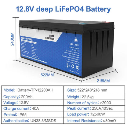 LiFePO4 Accu – Lithium Accu – Camper Accu – Bootaccu – Elektrische Accu – 12V 200Ah – Lichtgewicht & Lange Levensduur