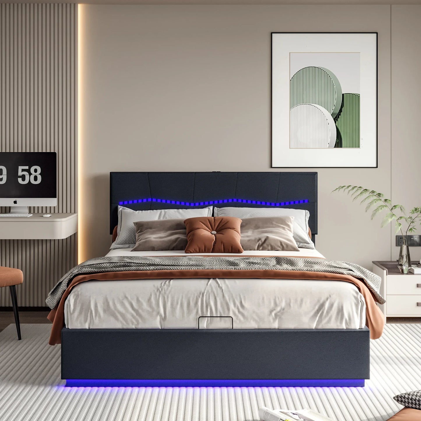 Led Boxspringbed – Tweepersoonsbed – Opbergruimte Bed – Sfeerverlichting Bed – Hydraulisch Systeem – PU-Leren Hoofdbord