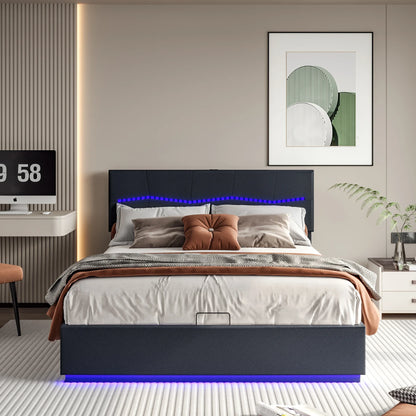 Led Boxspringbed – Tweepersoonsbed – Opbergruimte Bed – Sfeerverlichting Bed – Hydraulisch Systeem – PU-Leren Hoofdbord