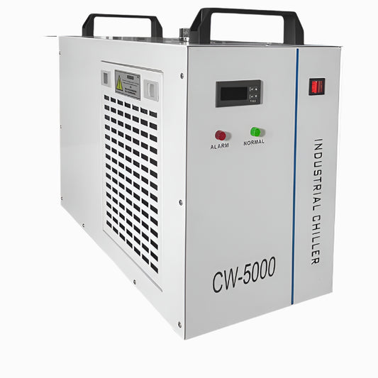 Industriële Waterkoeler - Chiller Industriële - 220V - Luchtgekoeld - 6L Capaciteit – 10L/min – Voor CO₂ Laserbuizen tot 130W - 580×290×470mm - voor Lasergraveermachine Koeling - Waterchiller met Alarmfunctie - Wit - QUORE