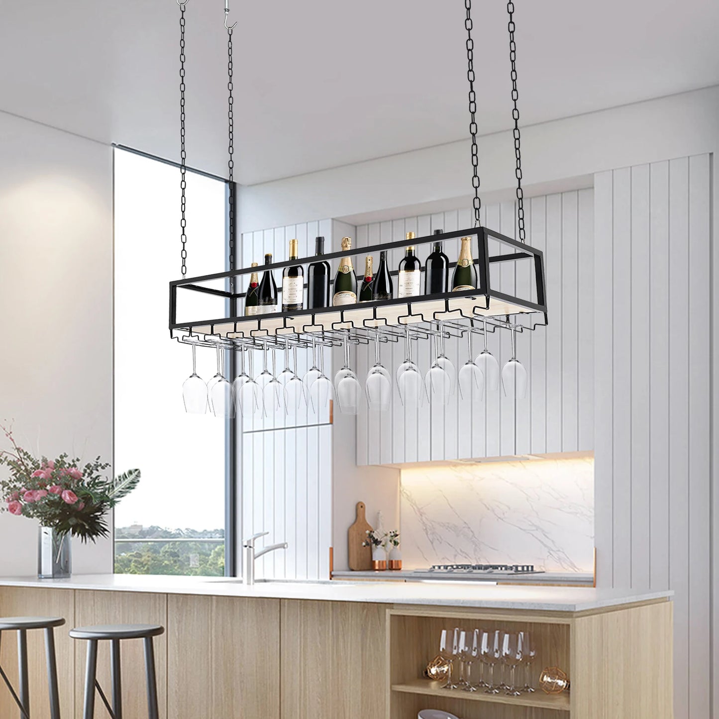 Hangend Wijnrek 110 cm – Wijnfleshouder met Glashouder – Wandmontage – Stijlvol Wijnrek voor Flessen & Wijnglazen – Wijnhouder voor Keuken of Woonkamer