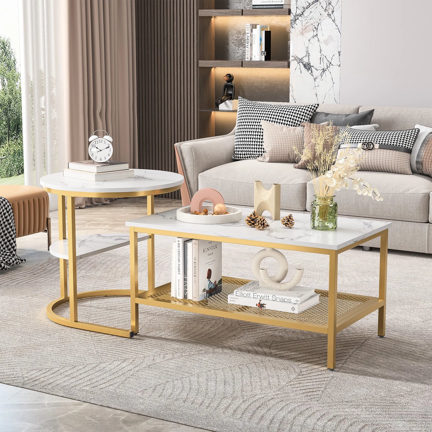 Salontafel - Kleine Tafel - Eindtafels - Woonkamer - Moderne Nest Salontafel - Marmeren Fineer - Gouden Frame