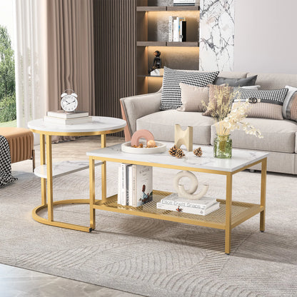 Salontafel - Kleine Tafel - Eindtafels - Woonkamer - Moderne Nest Salontafel - Marmeren Fineer - Gouden Frame