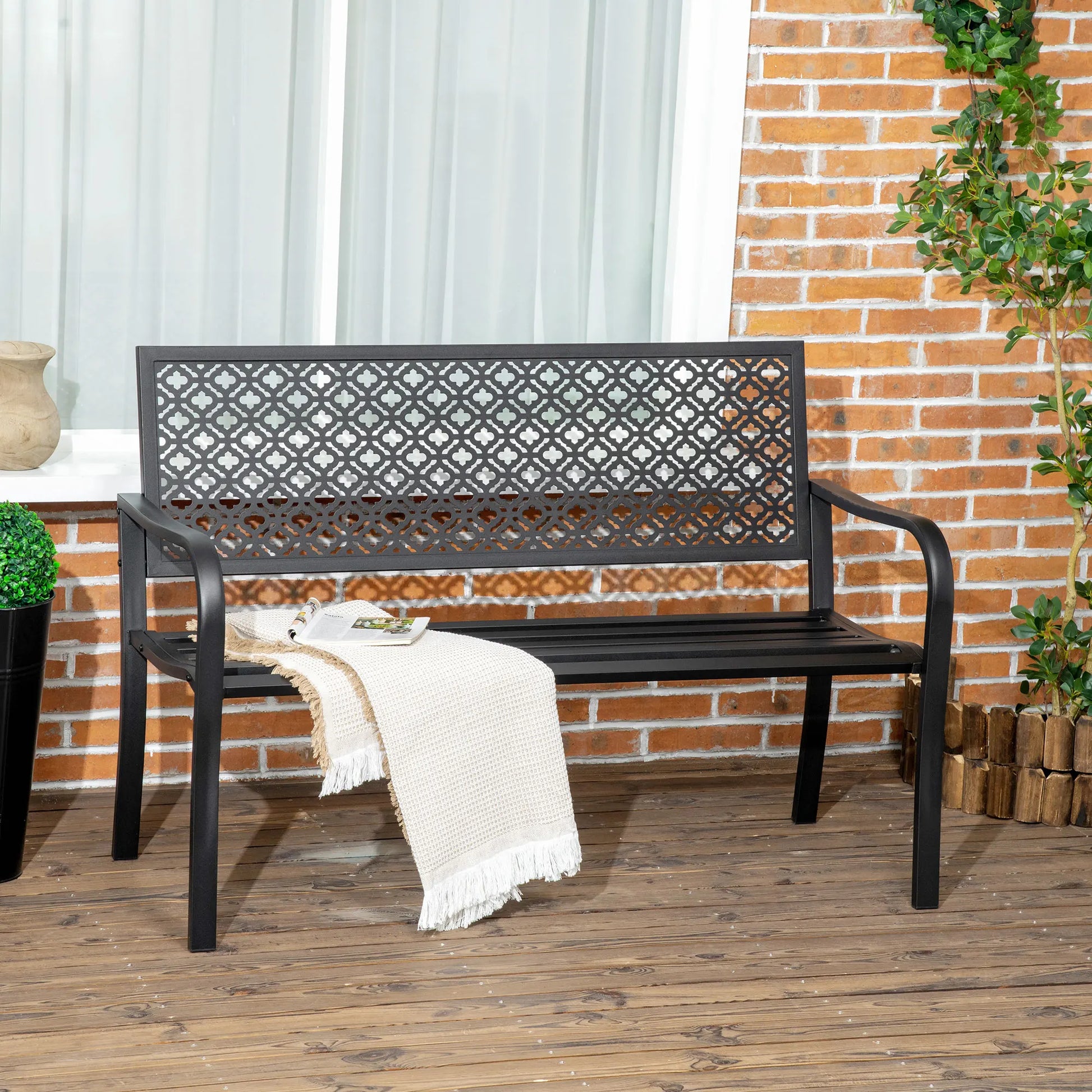 Tuin Bank - Tuinbank Hout - Tuinbanken - Garden Furniture - Stalen Tuinbank voor Twee Personen met Decoratieve Rugleuning - 127x63x83 cm - Zwart - QUORE