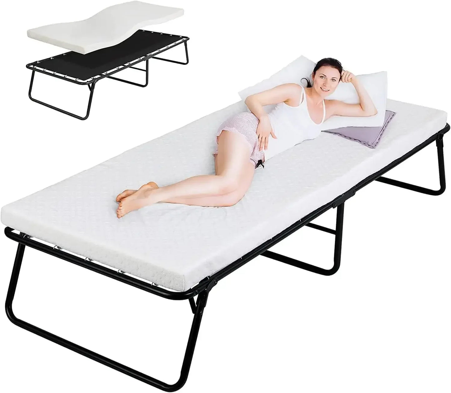 Logeerbed - Bed - Eenpersoonsbed - Opvouwbaar - 190x80cm - met 7cm Traagschuim Matras - Draagbaar - Inklapbaar Gastbed Zonder Wielen - Bedden - Bankstel