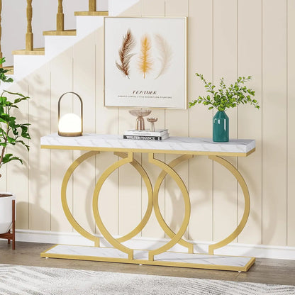Console Tafel – Sidetable – Haltafel – Wandtafel – Marmeren Blad – Metalen Frame – 153 x 37.5 x 19.5 cm - Wit and Goud