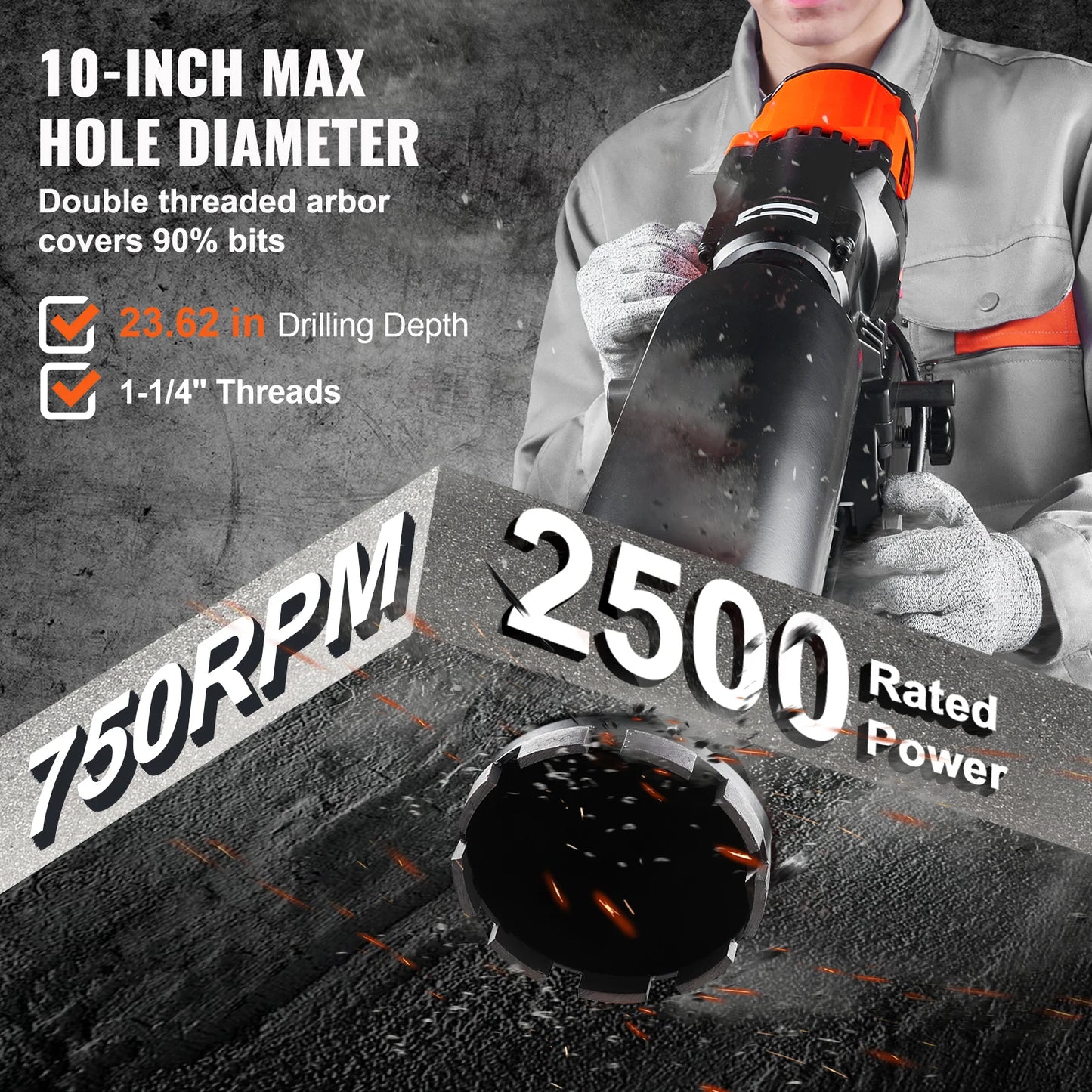SucceBuy 2500W Diamond Core Drilling Machine 10in Wet Concrete Core Drill Rig Stand Wheels 750RPM Speed 10in Drilling Diameter