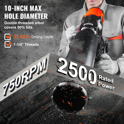 SucceBuy 2500W Diamond Core Drilling Machine 10in Wet Concrete Core Drill Rig Stand Wheels 750RPM Speed 10in Drilling Diameter