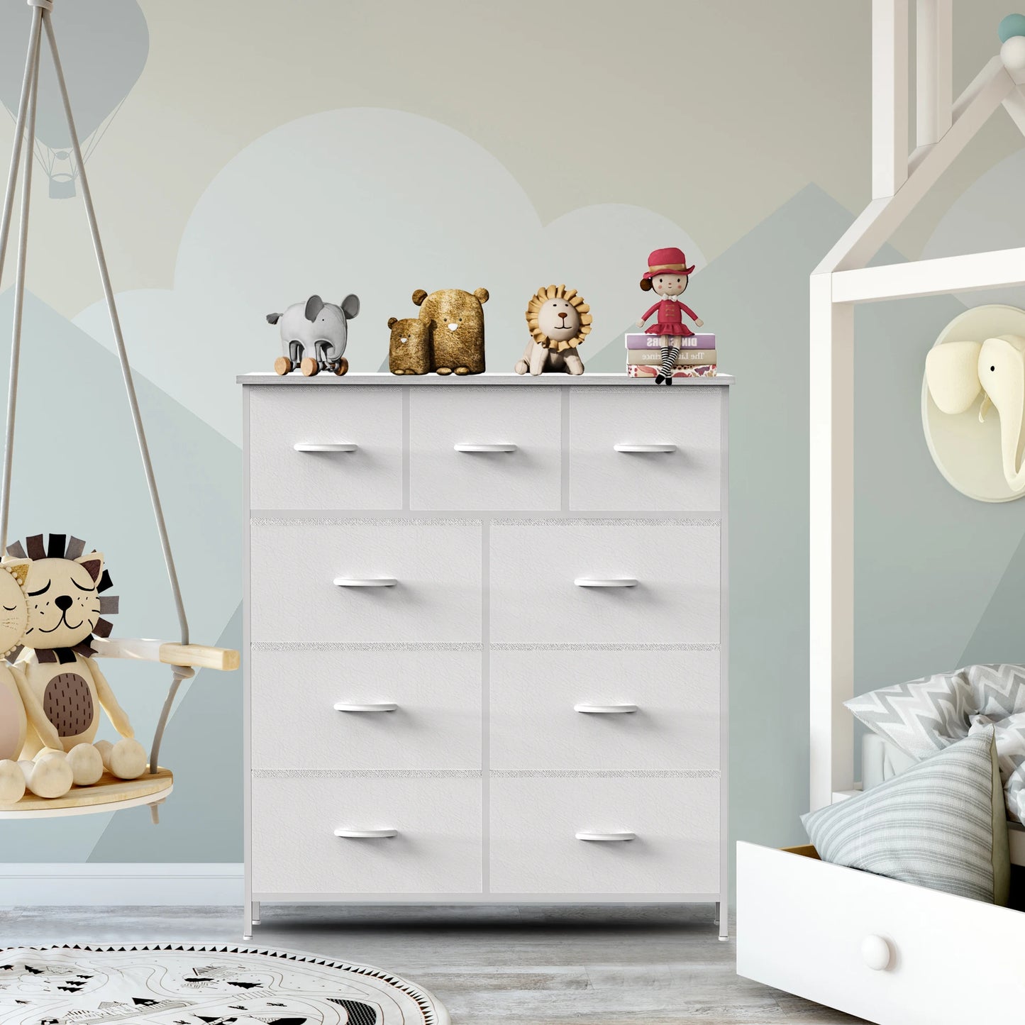 Ladekast - Ladenkastje - met 9 Stoffen Laden – Ruime Dressoir Kast - Stabiele Opbergkast - Compact en Ruimtebesparend - voor Slaapkamer en Kleding - Wit