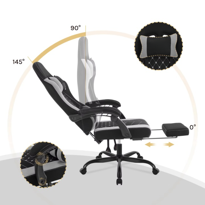 Gaming Stoel - Massage Gaming Stoel - Bureaustoel - Swivel Stoel - met Voetsteun - Hoofdsteun - Verstelbare - Rugleuning - Lendenkussen - Ergonomische - Draaibare - 70 x 70 x 127 cm - Zwart & Grijs