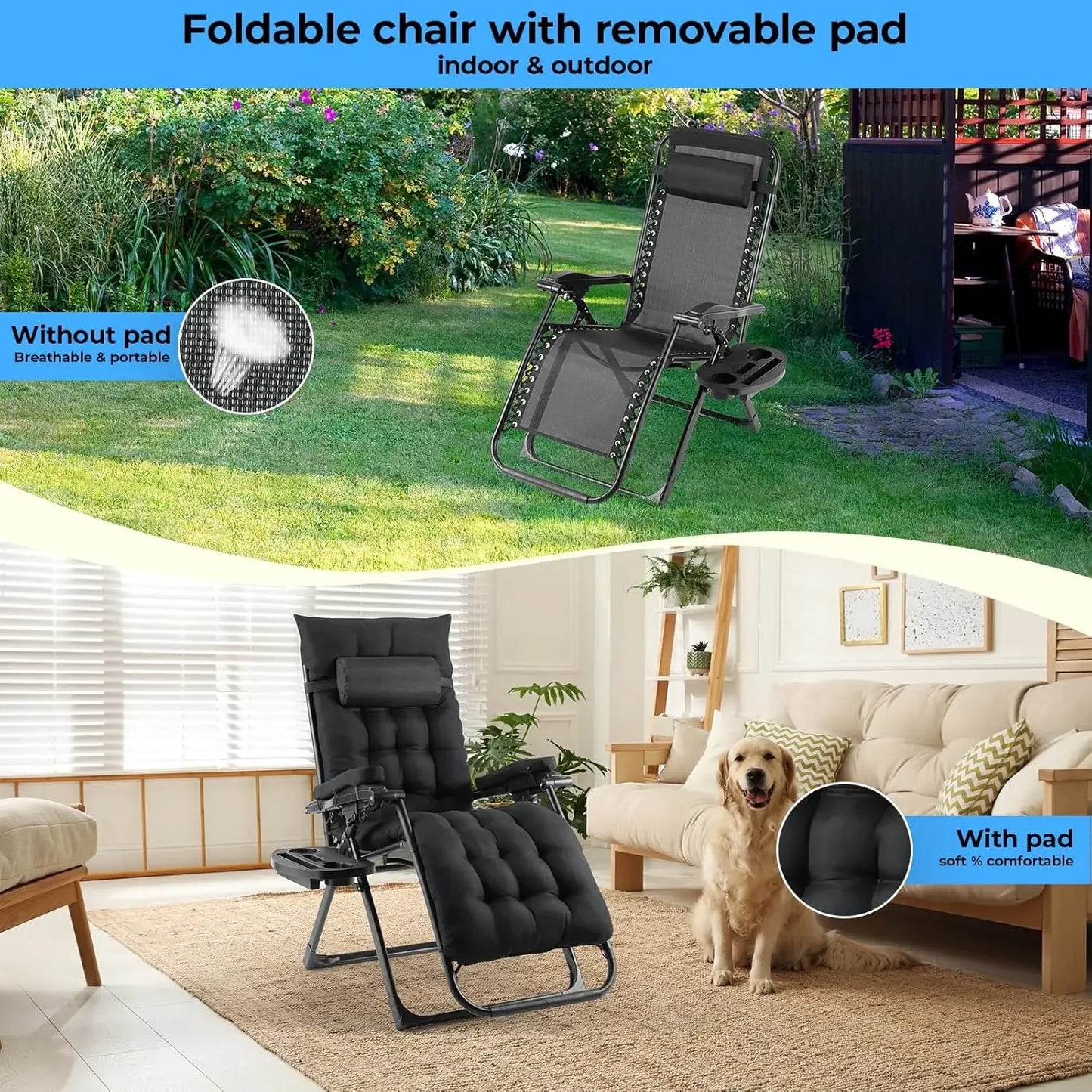 Ligbed – Zonnebed – Ligstoel – Tuinstoel – Loungestoel – Verstelbare Rugleuning 90-160° – Inclusief Kussen & Bekerhouder - Zwart - QUORE