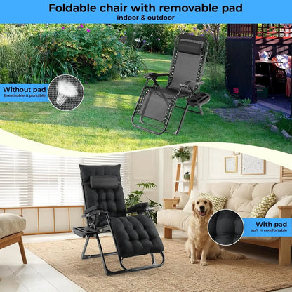 Ligbed – Zonnebed – Ligstoel – Tuinstoel – Loungestoel – Verstelbare Rugleuning 90-160° – Inclusief Kussen & Bekerhouder - Zwart - QUORE
