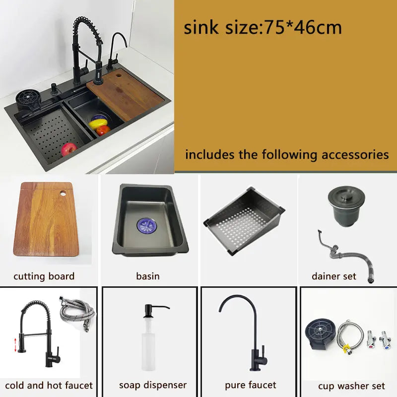 Keukenspoelbak – Spoelbak – Gootsteen – Wasbak – Keukenwasbak – RVS – Honingraat Werkblad – Waterfall Kraan – 75x46 cm – Linker Afvoer – Opbouw