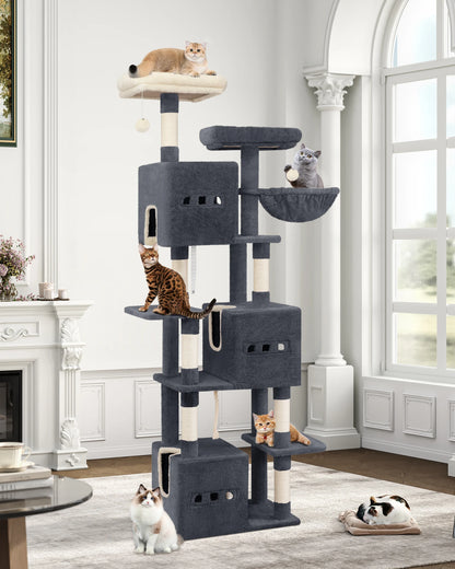 193cm Large Cat Tree, XXL Cat Climbing Frame, 7-Tier Cat Tree with 7 Scratching Posts, 3 Caves, 3 Pom Poms, and 2 Platforms