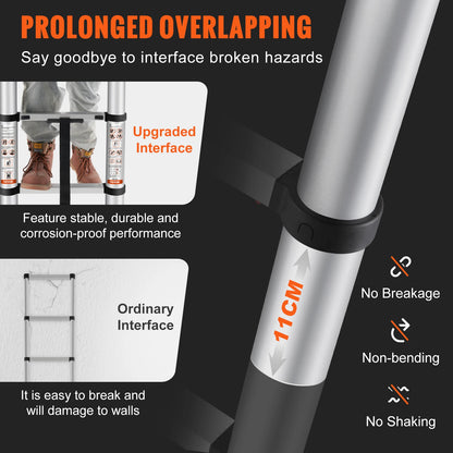 Vevor - Stepladder - Telescopic Ladder - Aluminum - One Button Retractable Extension - 375 LBS - 12.5 ft - Capacity - Non-Slip - Silver
