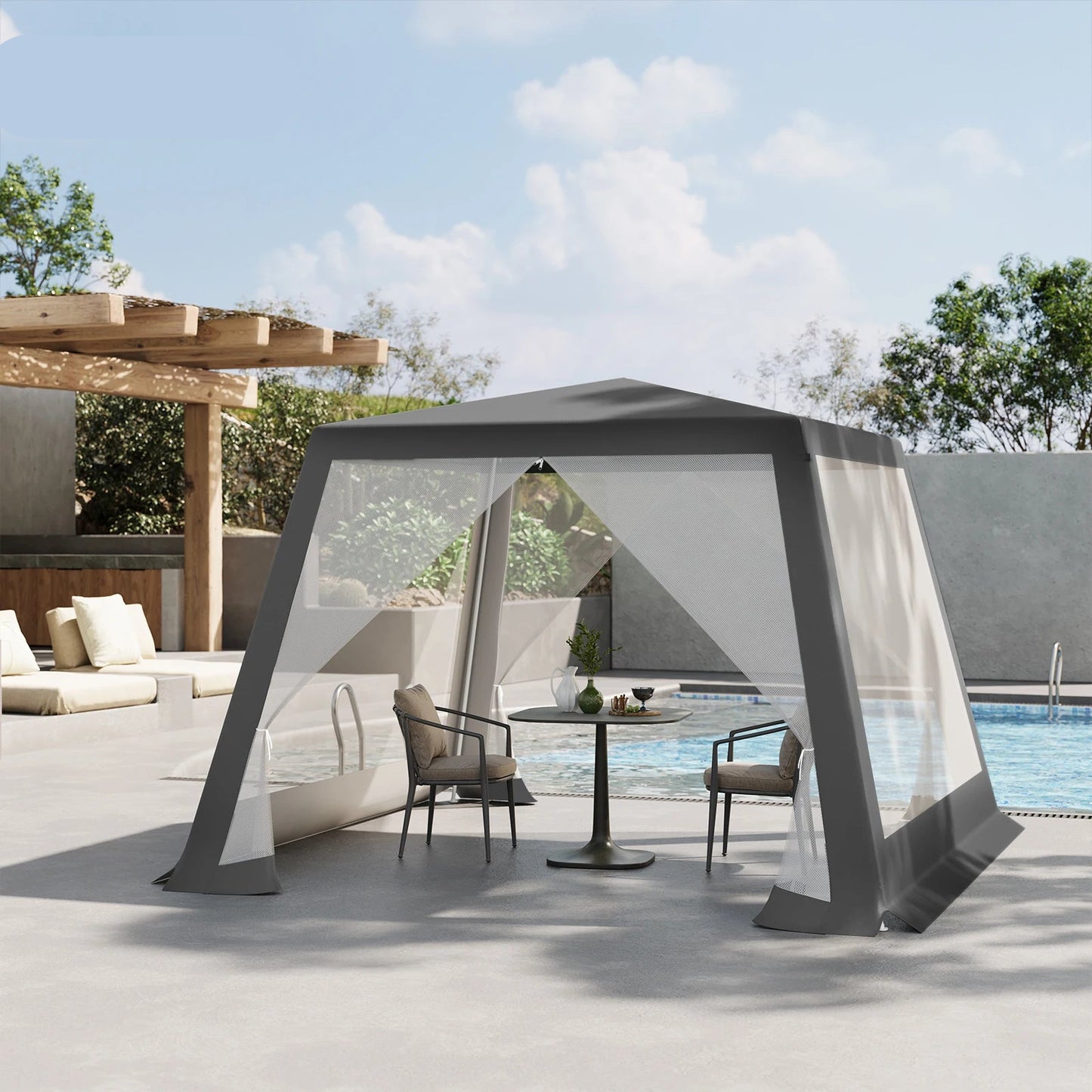 Tuinpaviljoen - Partytent - Tent - Easy up Partytent - 3x3m - met Muskietennet en Gaaswanden - Partytenten - Waterafstotende Tent voor Terras, Patio en Tuin - Eenvoudige Montage - Pergola - Paviljoen - Grijs