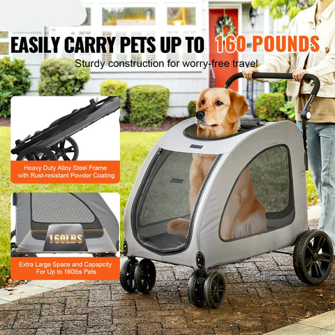 Stroller - Dog Carriage - Dog Stroller - Foldable Dog Stroller - Dog Cart - 160 lbs - 4 Wheels - with Rotating Wheels - with Brakes and Height Adjustable - Medium Large Dogs - Gray
