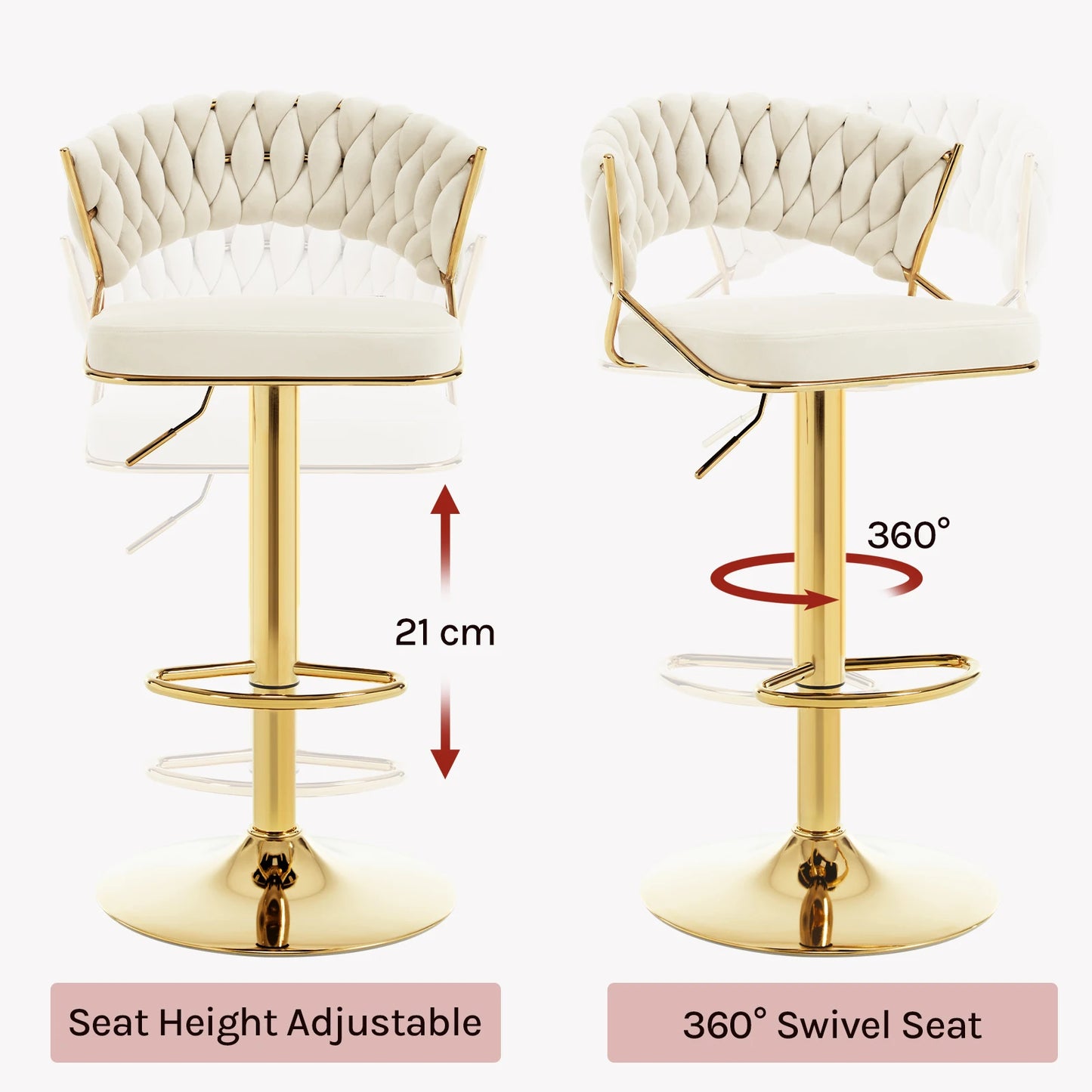 WOLTU 2PCS Bar Stools Height-Adjustable Bar Chair with Velvet Backrest Counter Stool 360° Rotatable Bistro Stools for Kitchen