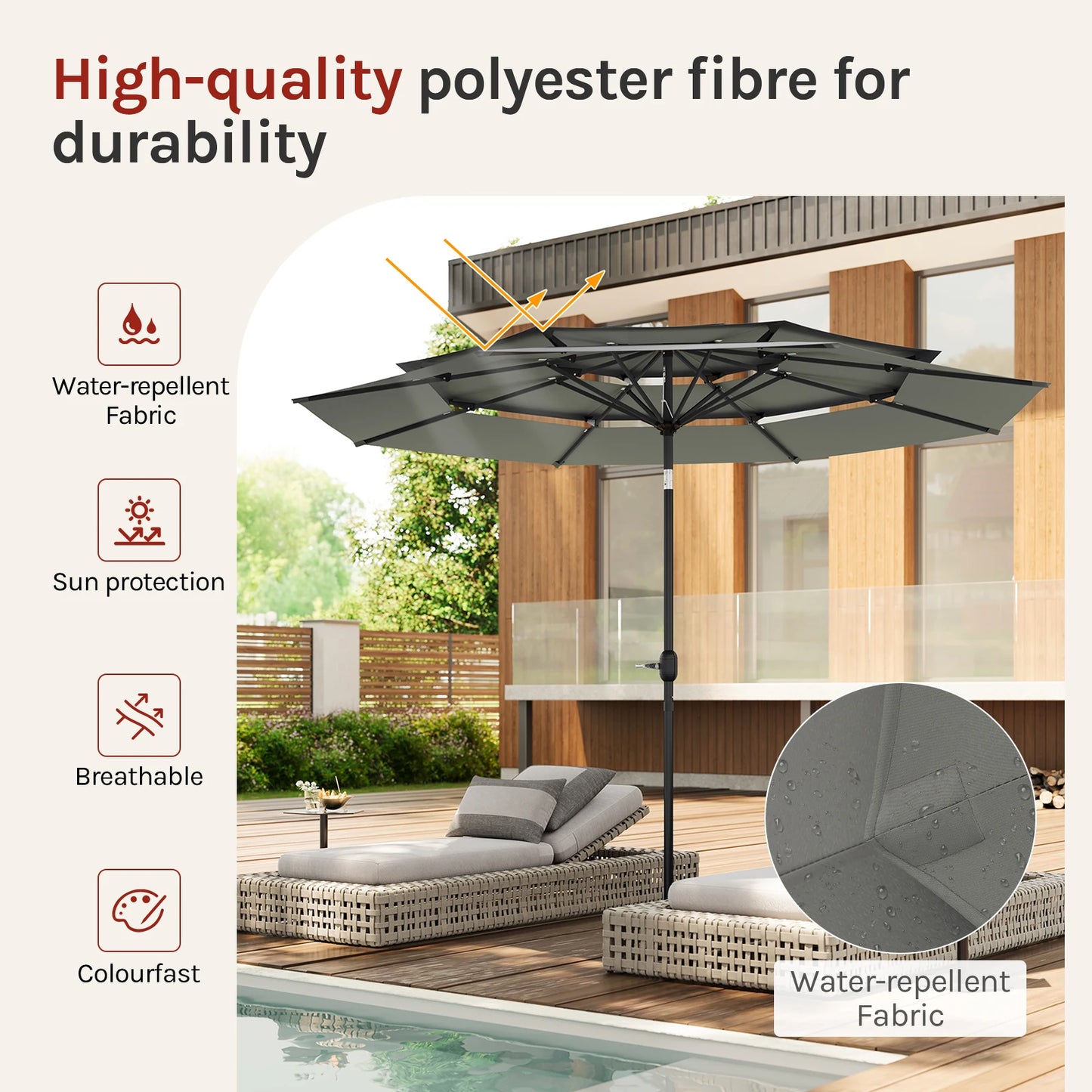 Parasol - Tuinparasol - Strandparasol - Zweefparasol - Balkon Parasol - Grote Parasol 292cm - met UV-bescherming, Kantelbaar en met 3 Ventilatieopeningen - Donkergrijs