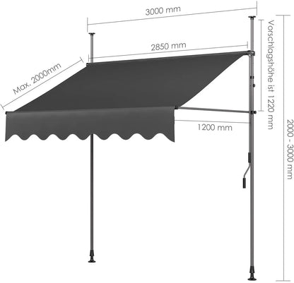 Balkon Zonnescherm - Luifel - Balkon Parasol - Zonneluifel - Uittrekbaar - 300x120 cm - Zonwering Zonder Boren met UV50+ Bescherming en Handslinger - Grijs