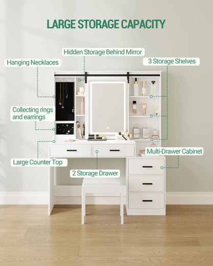 Kaptafel – Make-uptafel – Schminktisch – Dresser – Sieradentafel – Wit – Verstelbare LED-verlichting – Grote Schuifspiegel