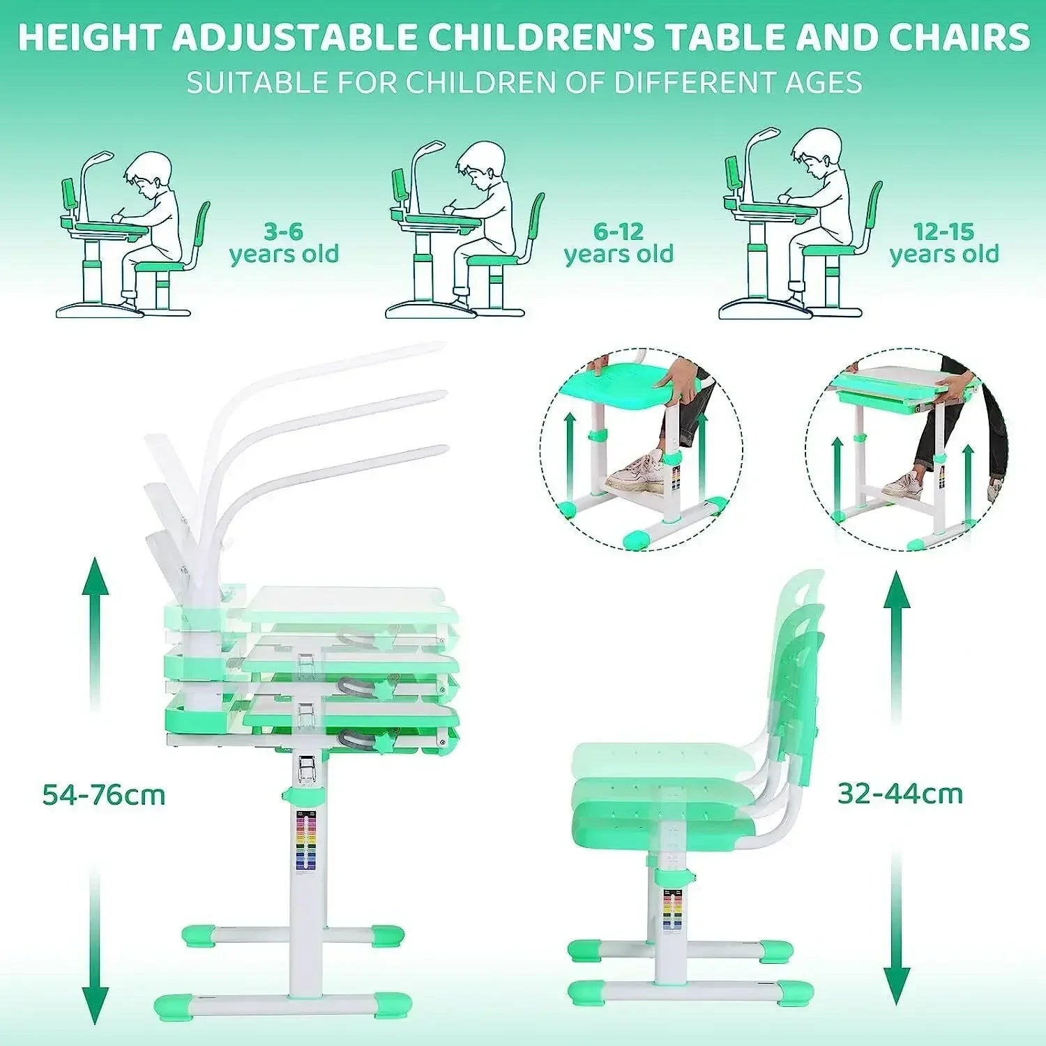 Kinderbureau – Kinderbureau Met Stoel – Kinderstudietafel – Kindertafel – Kinderbureau Met LED Bureaulamp – Verstelbare Hoogte 54-76,5 cm – Kantelbaar Tafelblad Tot 50° - QUORE