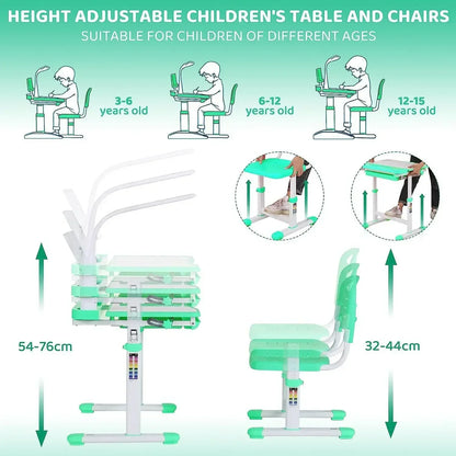 Kinderbureau – Kinderbureau Met Stoel – Kinderstudietafel – Kindertafel – Kinderbureau Met LED Bureaulamp – Verstelbare Hoogte 54-76,5 cm – Kantelbaar Tafelblad Tot 50° - QUORE