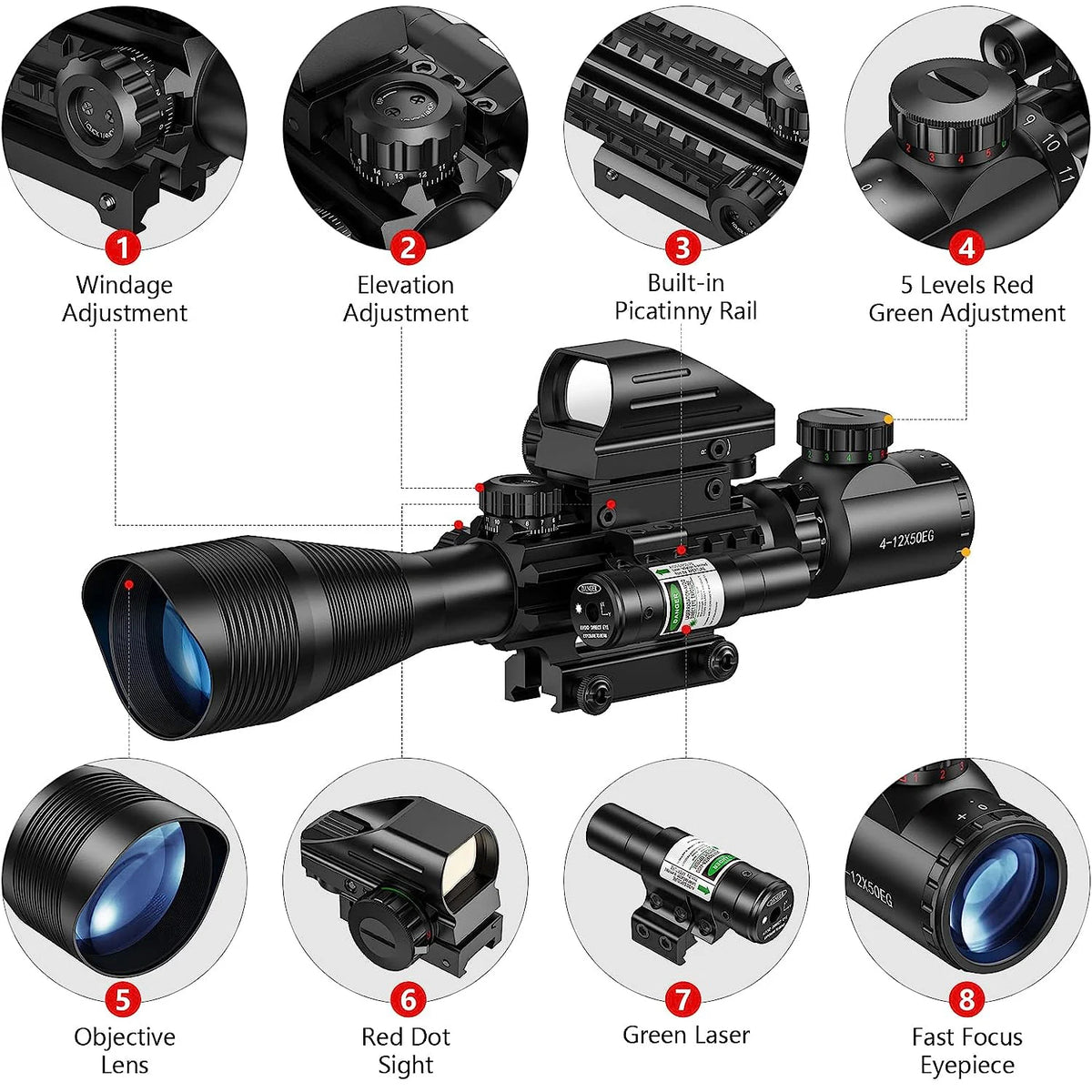 4-12x50 Scope Illuminated Rangefinder Reticle Rifle Holographic 4 Reticle Sight 20mm Red Grenn Laser For Hunting - QUORE