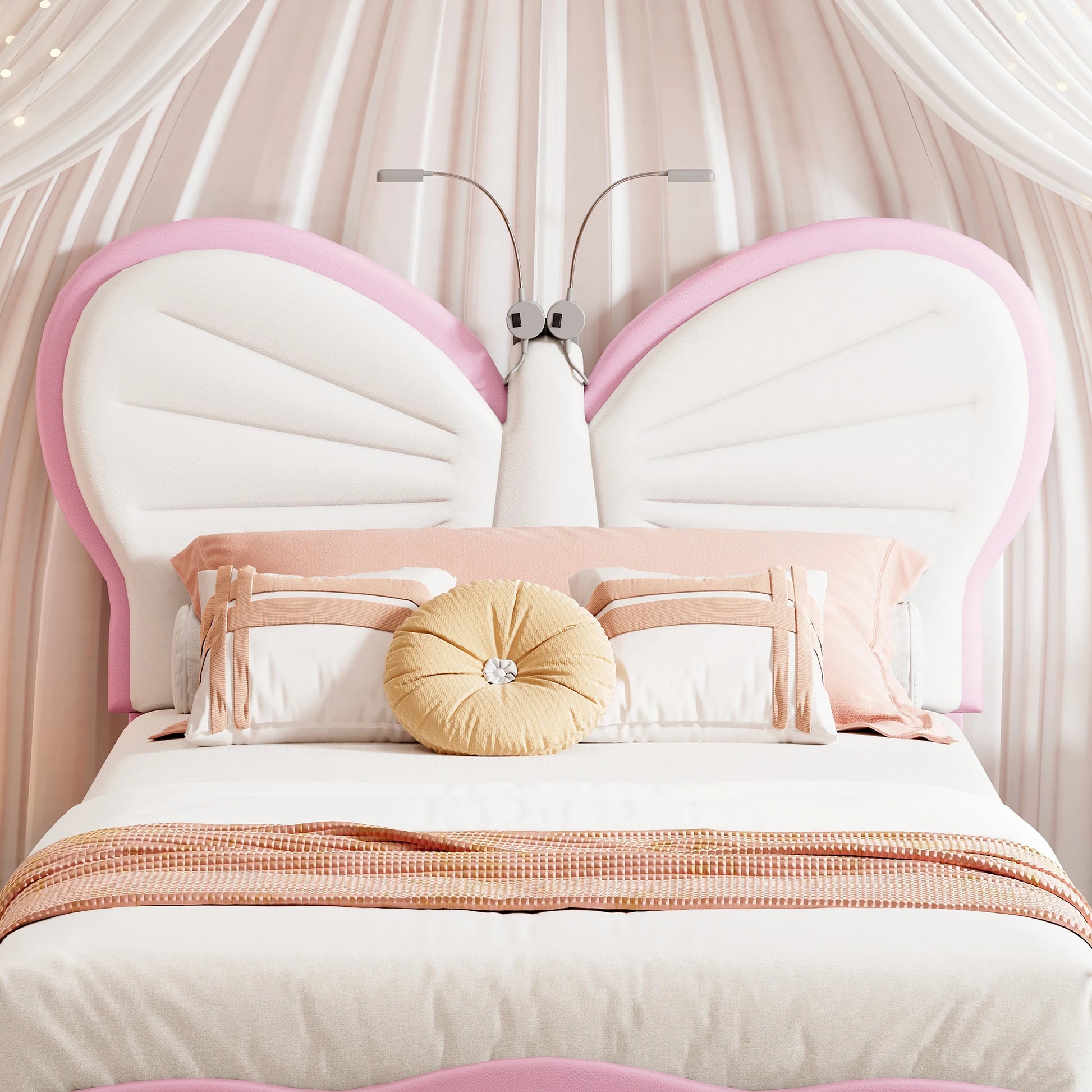 Kinderbed – Jongenskamerbed – Peuterbed – Eenpersoonsbed – Meisjesbed – Roze Variant – Vlinderhoofdbord Met Velvet Bekleding – Geïntegreerd LED Leeslampje - QUORE