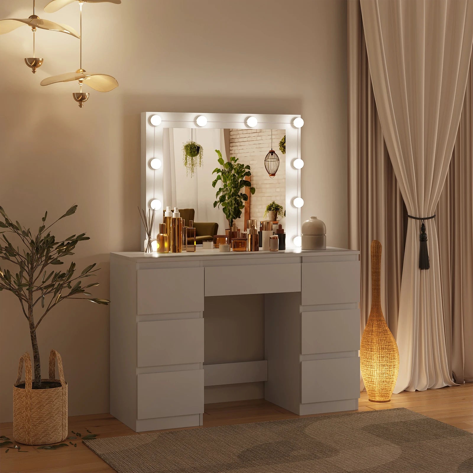 Kaptafel – Make-Up Tafel – Beautytafel – Schminktisch – LED-Verlichting – 7 Laden – Waterafstotend Hout - Wit - QUORE