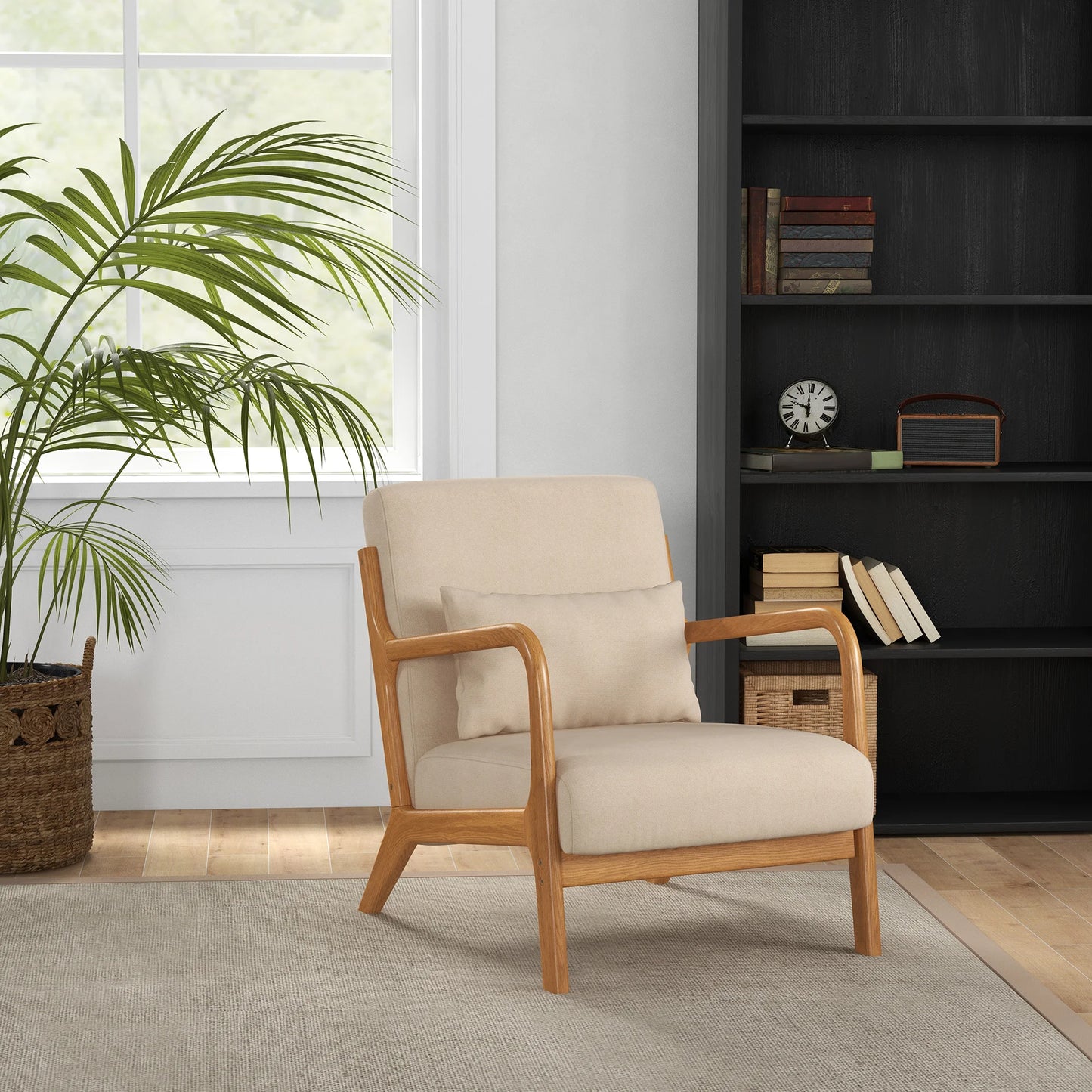 Ligstoel - Tuinstoel - Lounge Fauteuil - Tuinmeubel - Ligstoelen Buiten - Binnen - met Kussen - voor Woonkamer - Slaapkamer - Thuis - Noords Stijl - Stevig - Duurzam - Eenvoudig te Monteren - Massief Hout - 61 x 71 x 76 cm - Beige - QUORE