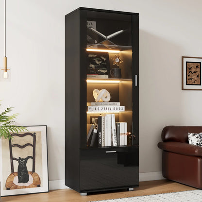 Vitrinekast Zwart – Vitrinekast Hoogglans – Showkast – Glasvitrine – Opbergkast – LED-Verlichting – Gehard Glas Planken